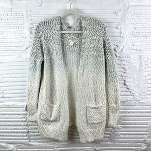 For Thee Cozy Knit Green & Cream Ombre Long Open Cardigan Metallic Details SZ M